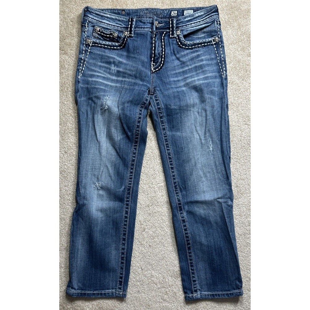 Miss Me Jeans Women's Sz 26 Blue Boyfriend Cropped Distressed Faded Stretch EUC!